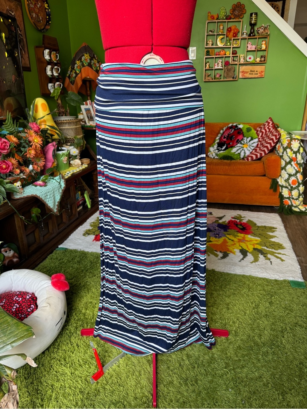George Navy Striped Maxi Skirt with Red, Teal, and White Accents